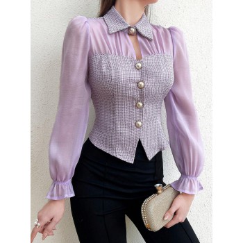 Modely Patchwork Fabric Button Front Long Sleeve Shirt