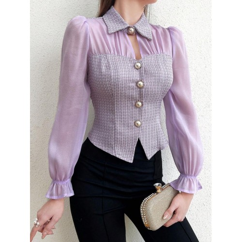 Modely Patchwork Fabric Button Front Long Sleeve Shirt