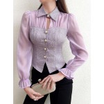 Modely Patchwork Fabric Button Front Long Sleeve Shirt