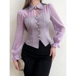 Modely Patchwork Fabric Button Front Long Sleeve Shirt