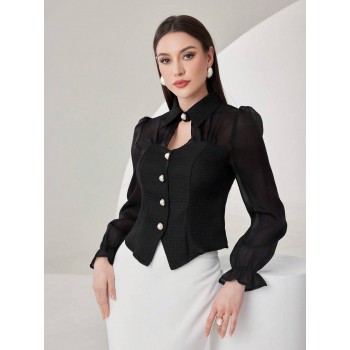 Modely Puff Sleeve Hollow Out Front Shirt