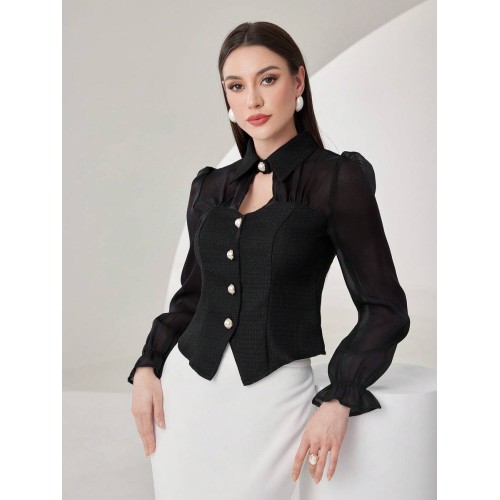 Modely Puff Sleeve Hollow Out Front Shirt