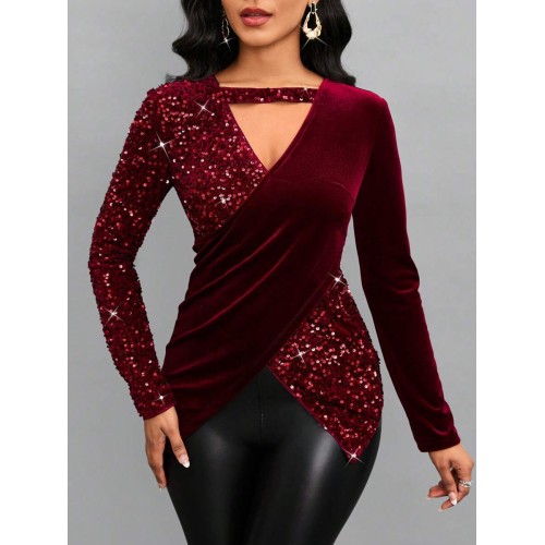 Lady Cut Out Wrap Cross Sequin Tee