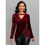 Lady Cut Out Wrap Cross Sequin Tee