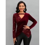 Lady Cut Out Wrap Cross Sequin Tee