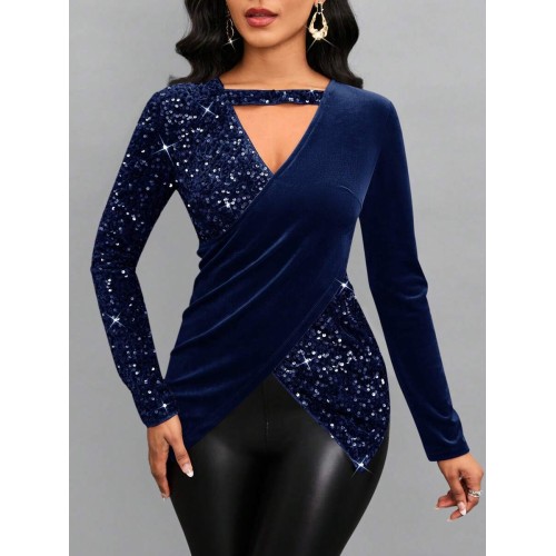 Lady Women s Sequin Embellished Criss Cross Long Sleeve T Shirt