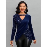 Lady Women s Sequin Embellished Criss Cross Long Sleeve T Shirt