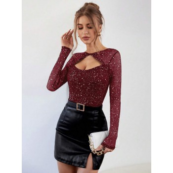 Women s Sparkling Hollow Out Net Splice Twisted Knot T Shirt