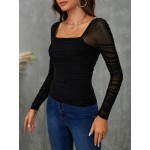 BAE Square Neck Ruched Mesh Top