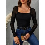 BAE Square Neck Ruched Mesh Top