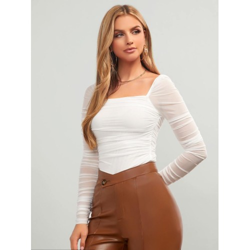 BAE Square Neck Ruched Mesh Top