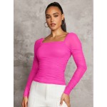 BAE Solid Color Square Neckline Pleated Slim Fit Long Sleeve T Shirt