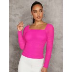 BAE Solid Color Square Neckline Pleated Slim Fit Long Sleeve T Shirt