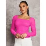 BAE Solid Color Square Neckline Pleated Slim Fit Long Sleeve T Shirt