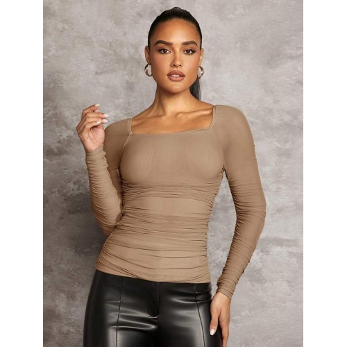 BAE Solid Color Square Neckline Pleated Slim Fit T Shirt