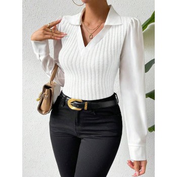 Essnce Fitted Sexy Faux 2pcs V Neck Color Block Blouse For Ladies