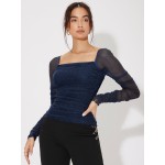 Mesh Panel Ruched Glitter Top