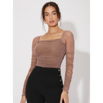 Mesh Panel Ruched Glitter Date Night Tops