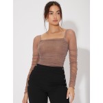 Mesh Panel Ruched Glitter Date Night Tops