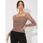 Mesh Panel Ruched Glitter Date Night Tops