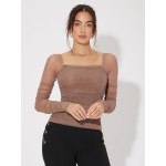 Mesh Panel Ruched Glitter Date Night Tops