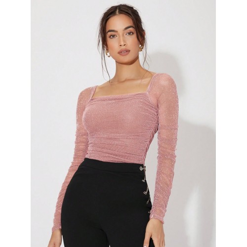 Collar Pleated Glitter Mesh Top