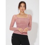 Collar Pleated Glitter Mesh Top