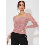 Collar Pleated Glitter Mesh Top