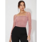 Collar Pleated Glitter Mesh Top