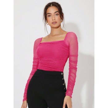 Square Neck Ruched Glitter Mesh Top