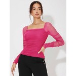 Square Neck Ruched Glitter Mesh Top