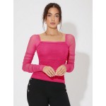 Square Neck Ruched Glitter Mesh Top