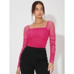 Square Neck Ruched Glitter Mesh Top