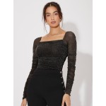 Mesh Panel Ruched Glitter Top