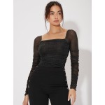 Mesh Panel Ruched Glitter Top