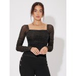 Mesh Panel Ruched Glitter Top