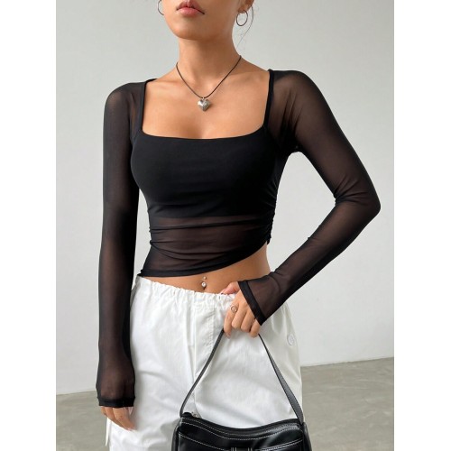 Spring Black Square Neck Asymmetrical Hem Crop Mesh Date Night Top