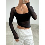 Spring Black Square Neck Asymmetrical Hem Crop Mesh Date Night Top