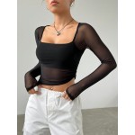 Spring Black Square Neck Asymmetrical Hem Crop Mesh Date Night Top