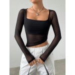 Spring Black Square Neck Asymmetrical Hem Crop Mesh Date Night Top