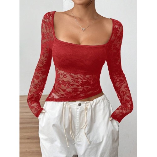 Women s Lace Spring Summer Square Neck Long Sleeve Slim Fit Stylish Blouse