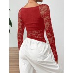 Women s Lace Spring Summer Square Neck Long Sleeve Slim Fit Stylish Blouse