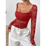 Women s Lace Spring Summer Square Neck Long Sleeve Slim Fit Stylish Blouse