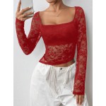 Women s Lace Spring Summer Square Neck Long Sleeve Slim Fit Stylish Blouse