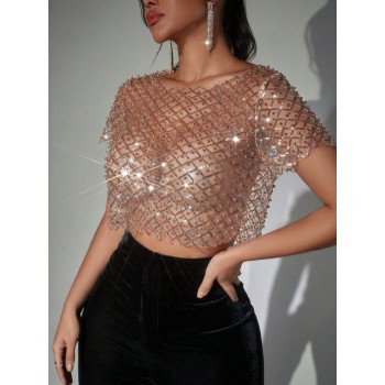 Rave Sparkling Sequin Pearl Beads Mesh See Through Club Party Crop Top Without Bra